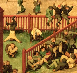 Kinderspiele: Detail des linken Abschnitts, der Kinder zeigt, die den Spießrutenlauf machen, Gymnastik machen und auf einem Zaun balancieren, 1560 (Detail)